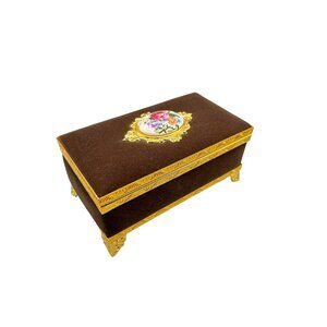 Vintage Gold & Brown Velvet Jewelry Box with Floral Porcelain Accent